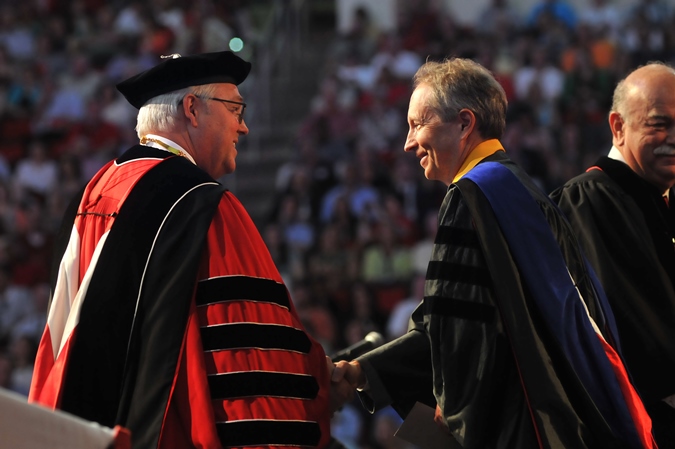 NC State University Chancellor Randy Woodson (left) congratulates Dr. George Hess on winning the Board of Governors Award for Excellence in Teaching.