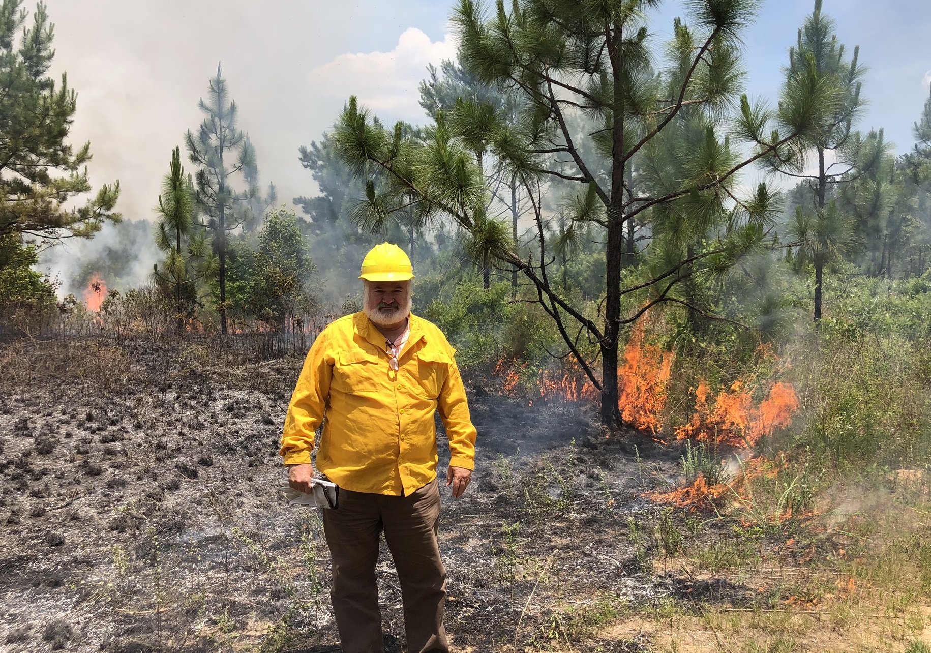 white man with white beard stands in Nomex in front of a prescribed fire in longleaf